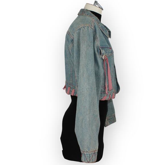 Vtg M/L HystericEtVous Crop Denim JeanJacket Western Gingham Red Cowgirl Light - Picture 11 of 14